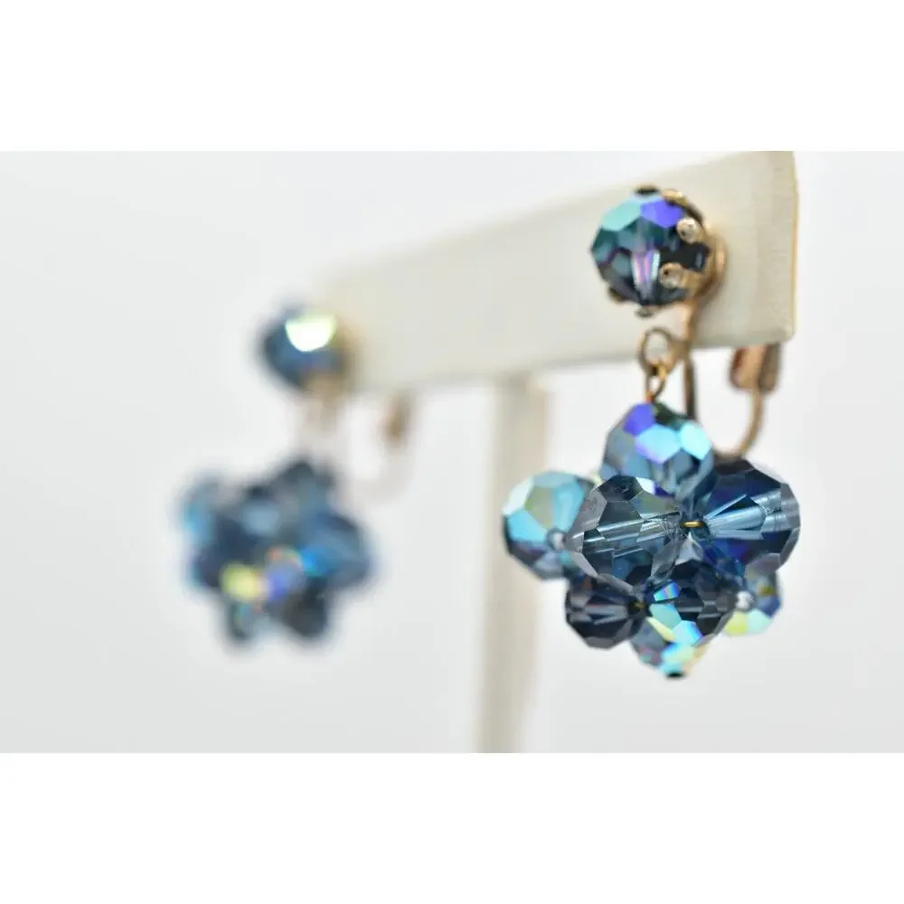 Laguna Vintage Clip On Crystal Earrings Dangle Navy Blue Drop Signed 1950s A24